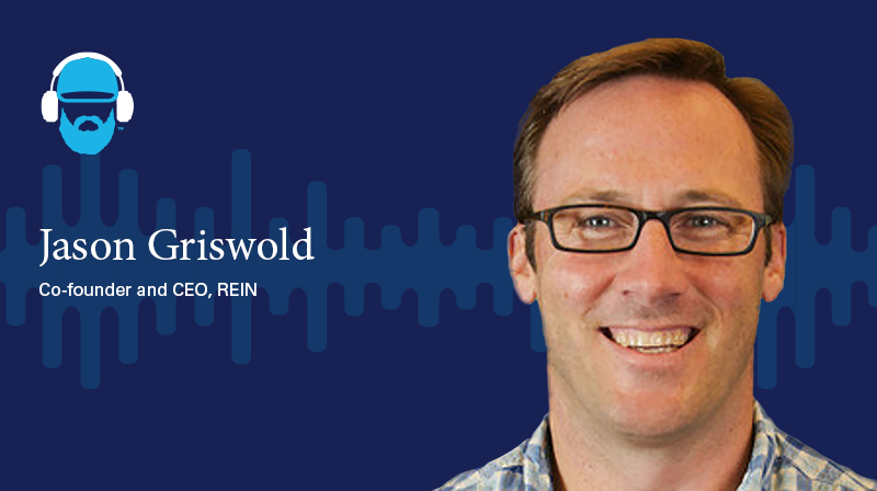 A photo of Jason Griswold Co-Founder and CEO, REIN on a dark blue background with a soundwave design 