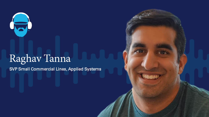 Raghav Tanna SVP Small Commercial Lines, Appplied Systems  A photo of Raghav Tanna SVP Small Commercial Lines, Appplied Systems on a dark blue background with a soundwave design