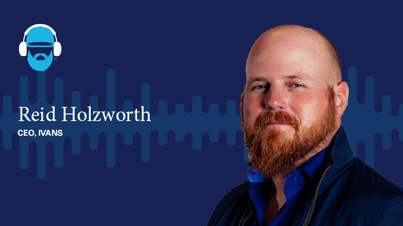 A photo of Reid Holzworth CEO, IVANS on a dark blue background with a soundwave design 